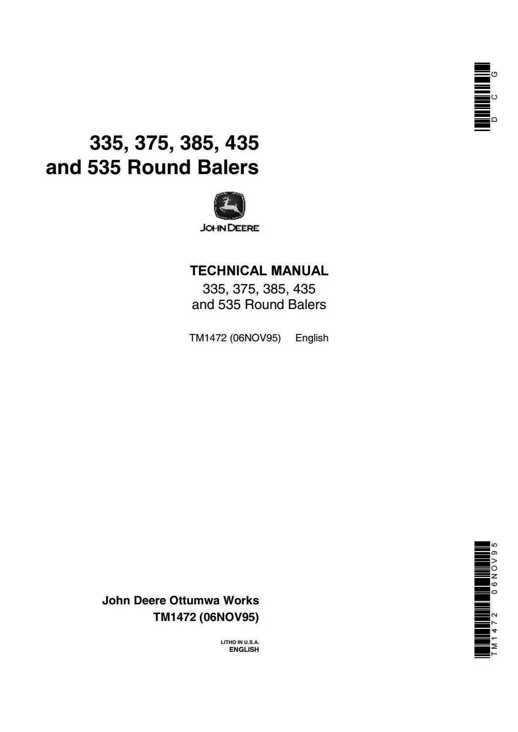 John Deere 335, 375, 385, 435, 535 Round Baler Technical Service Repair Manual TM1472 - PDF