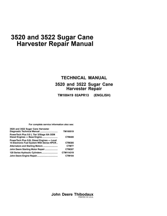John Deere 3520 and 3522 Sugar Cane Harvester Technical Service Repair Manual TM100419 - PDF