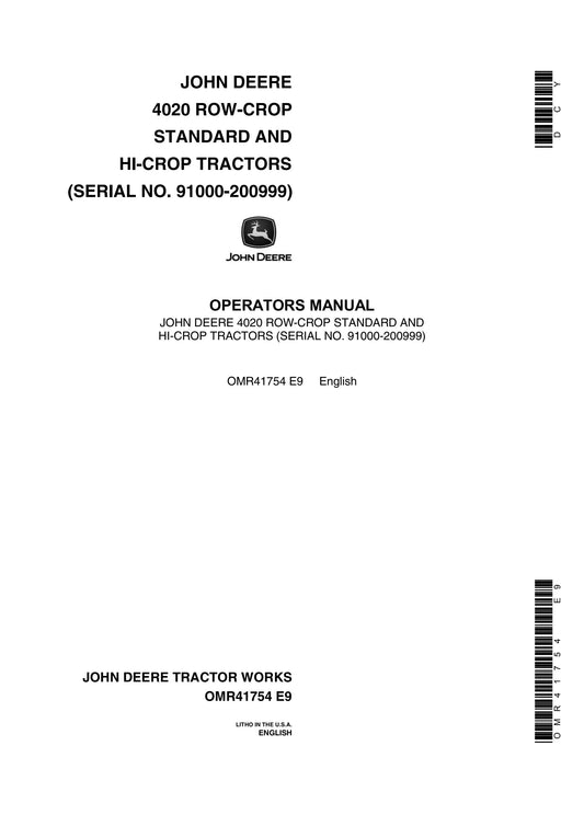 John Deere 4020 Row-Crop Standard and HI-Crop Tractor Operator’s Manual OMR41754 E9 - PDF