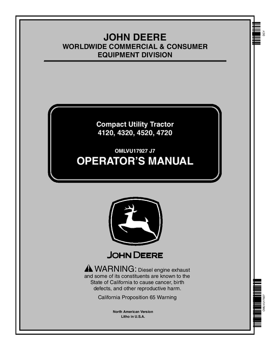 John Deere 4120, 4320, 4520, 4720 Compact Utility Tractor Operator's Manual OMLVU17927 J7- PDF