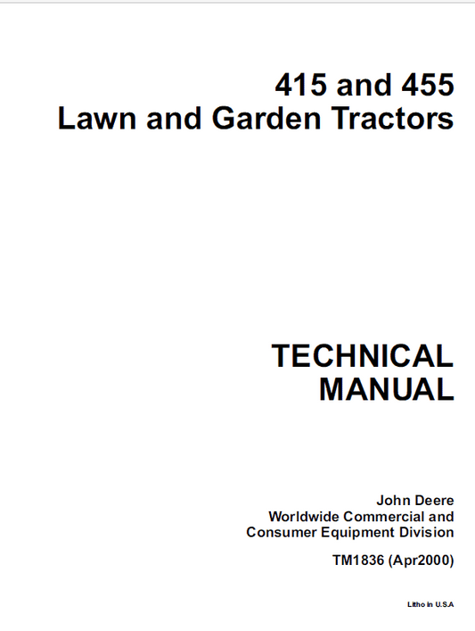 John Deere 415, 455 Lawn & Garden Tractors Technical Manual TM1836 - PDF