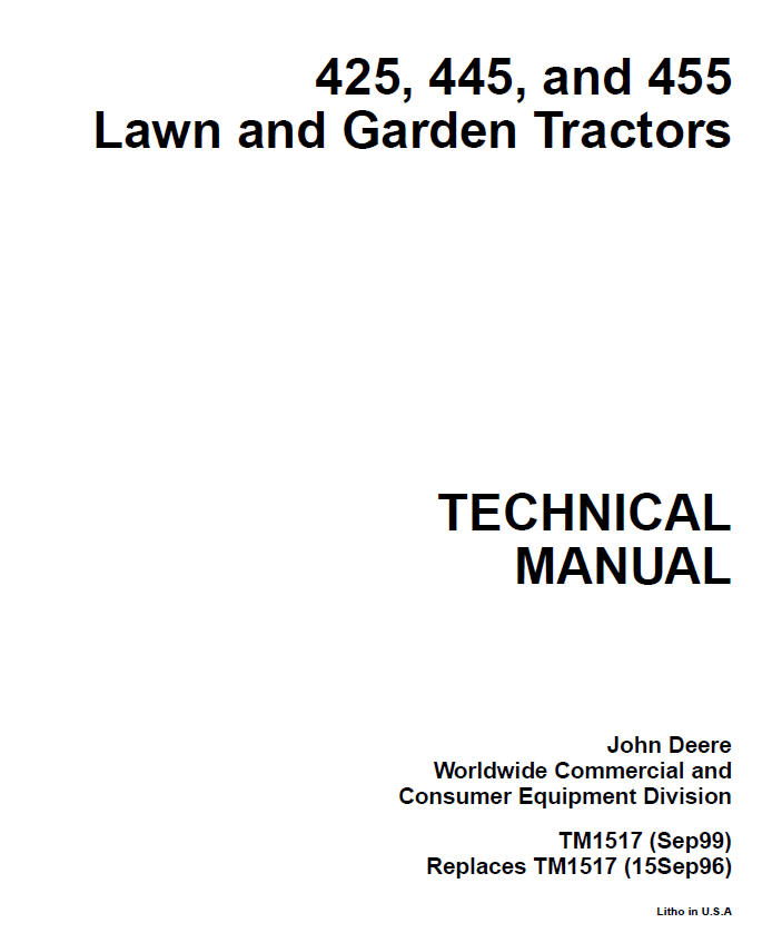 John Deere 425, 445, 455 Lawn and Garden Tractor Technical Manual TM1517 - PDF