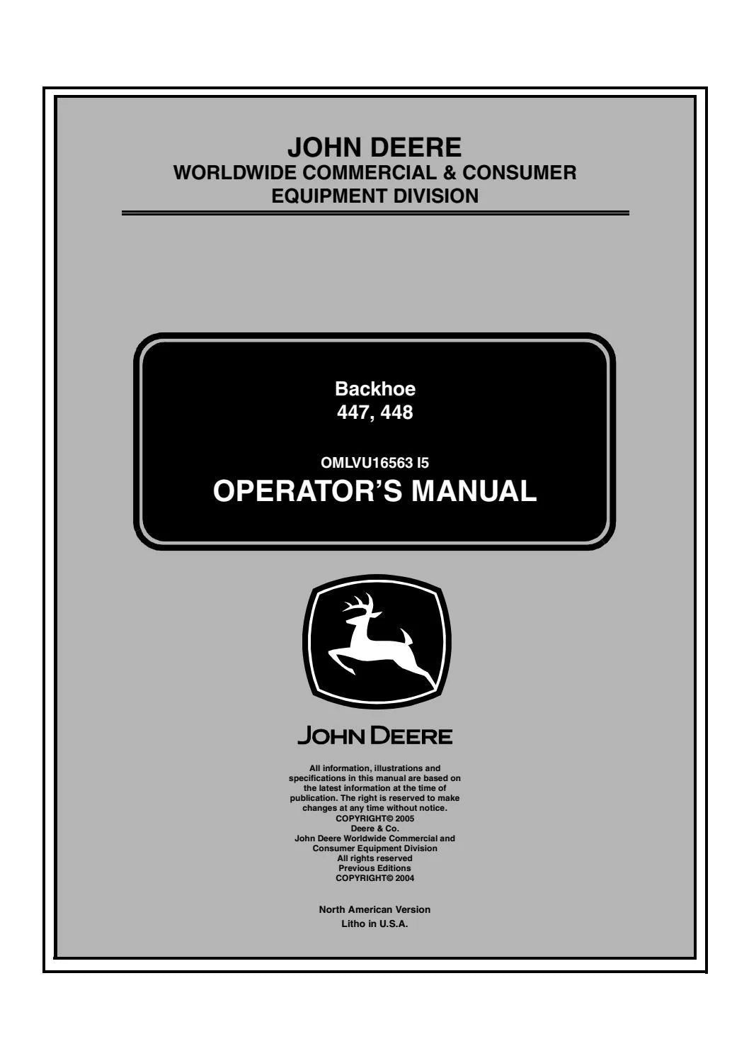 John Deere 447, 448 Backhoe 4000 Series Compact Utility Tractor Operator's Manual OMLVU16563 - PDF