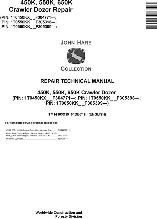John Deere 450K, 550K, 650K Crawler Dozer Technical Service Repair Manual TM14163X19 - PDF