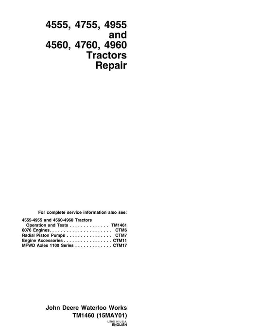John Deere 4555, 4560, 4755, 4760, 4955, 4960 Tractor Technical Service Repair Manual TM1460 - PDF