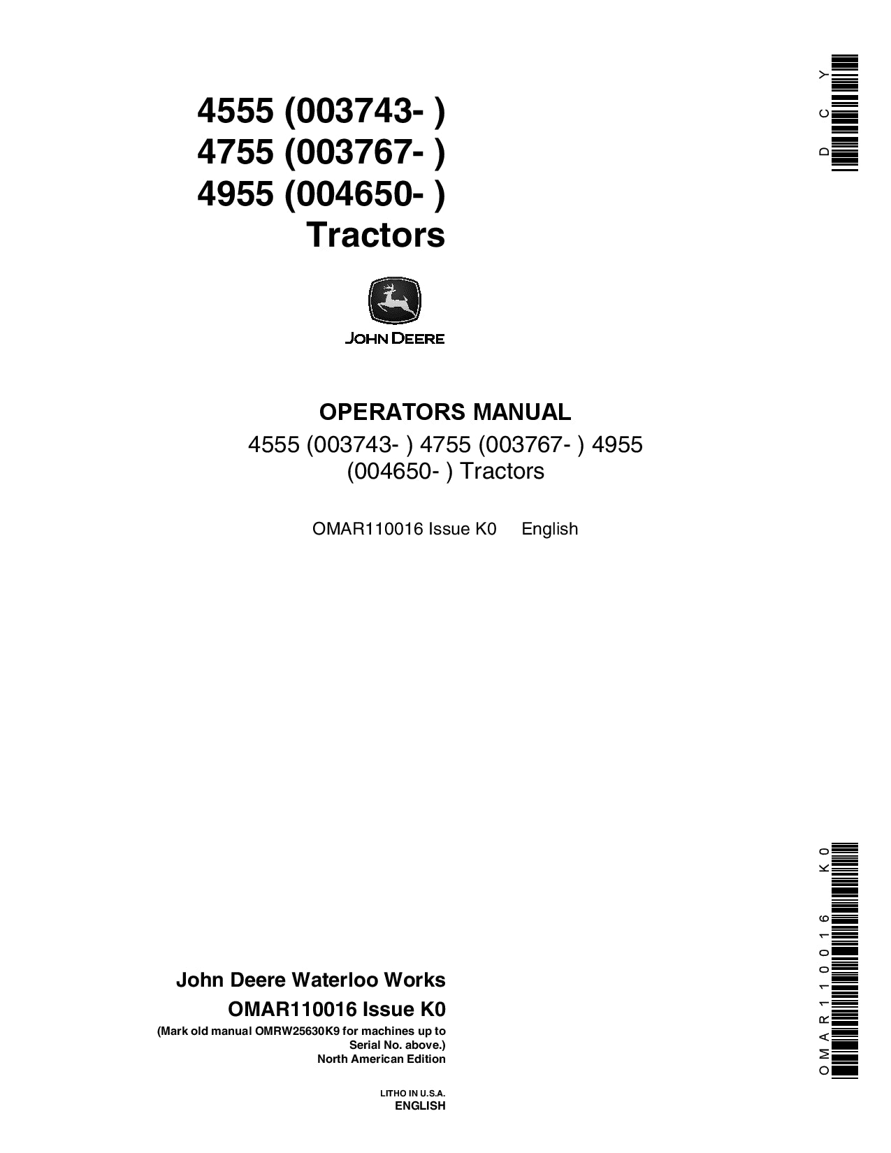 John Deere 4555, 4755 and 4955 Tractors Operator’s Manual OMAR110016 - PDF