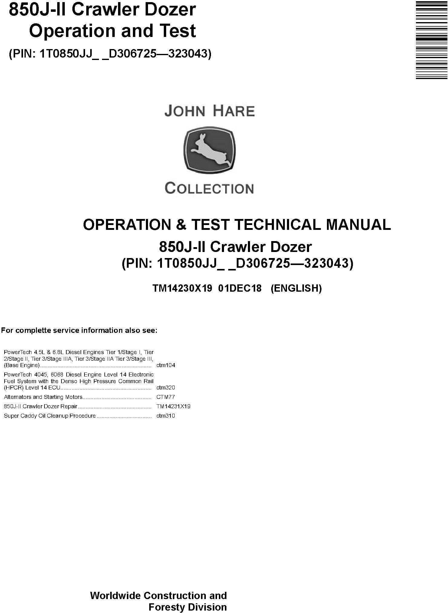 John Deere 850J-II Crawler Dozer Operation & Diagnostic Test Technical Manual TM14230X19 - PDF