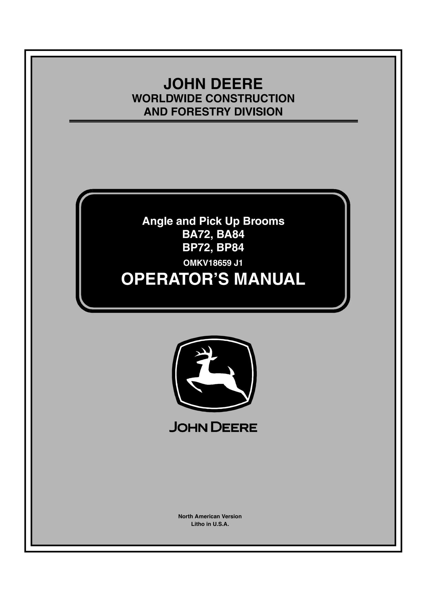 John Deere BA72, 84, BP72, 84 Angle And Pick Up Broom Operator's Manual OMKVU18659 - PDF