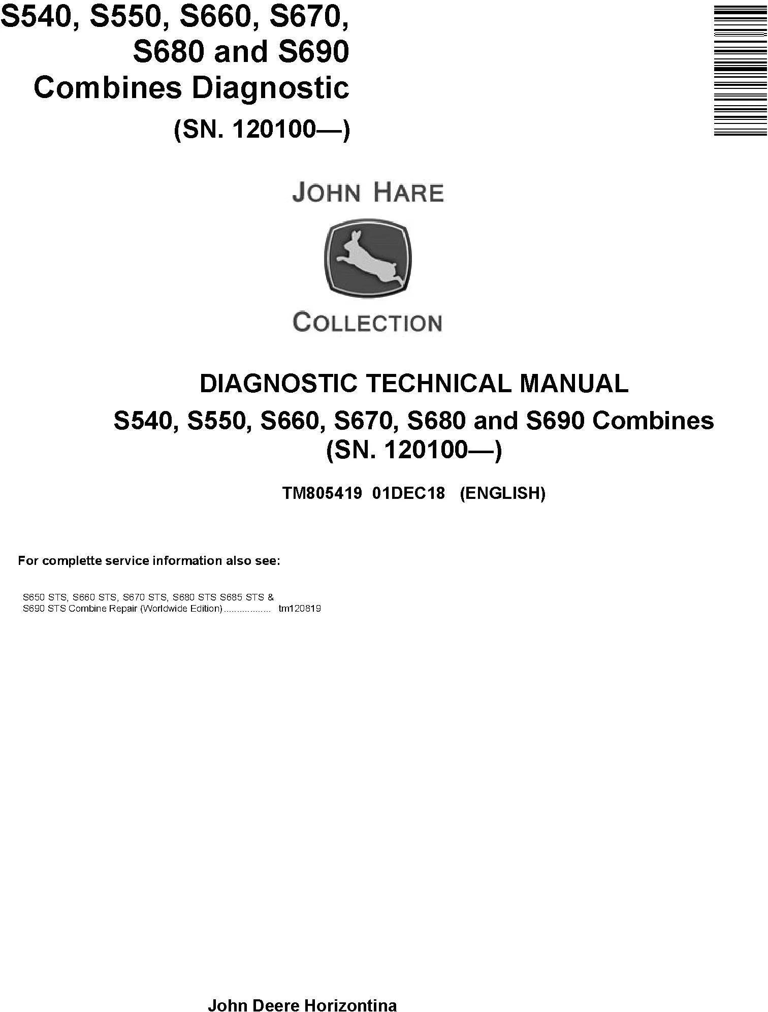 John Deere S540, S550, S660, S670, S680, S690 Combine Diagnostic Technical Service Manual TM805419 - PDF