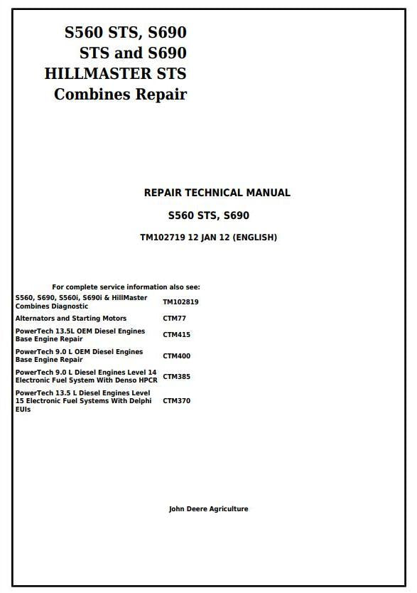 John Deere S560 STS, S690 STS and S690 HILLMASTER STS Combine Technical Service Repair Manual TM102719 - PDF