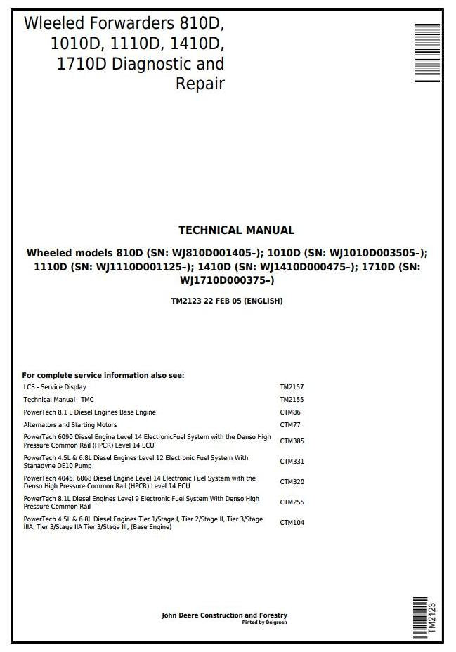 John Deere TIMBERJACK 810D, 1010D, 1110D, 1410D, 1710D Wheeled Forwarder Technical Diagnostic Service Repair Manual TM2123 - PDF