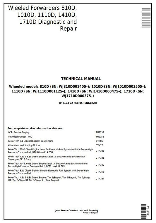 John Deere TIMBERJACK 810D, 1010D, 1110D, 1410D, 1710D Wheeled Forwarder Technical Diagnostic Service Repair Manual TM2123 - PDF