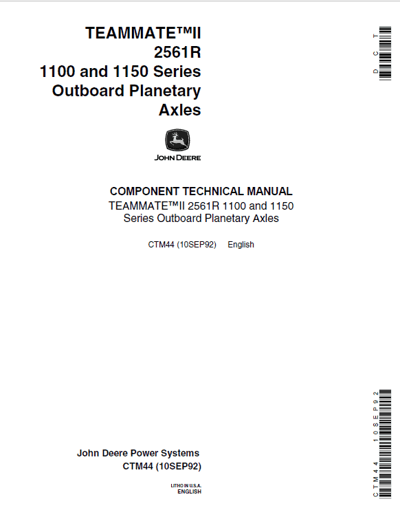 John Deere Teammate II 2561R 1100 and 1150 Series Outboard Planetary Axles Component Technical Service Repair Manual - PDF