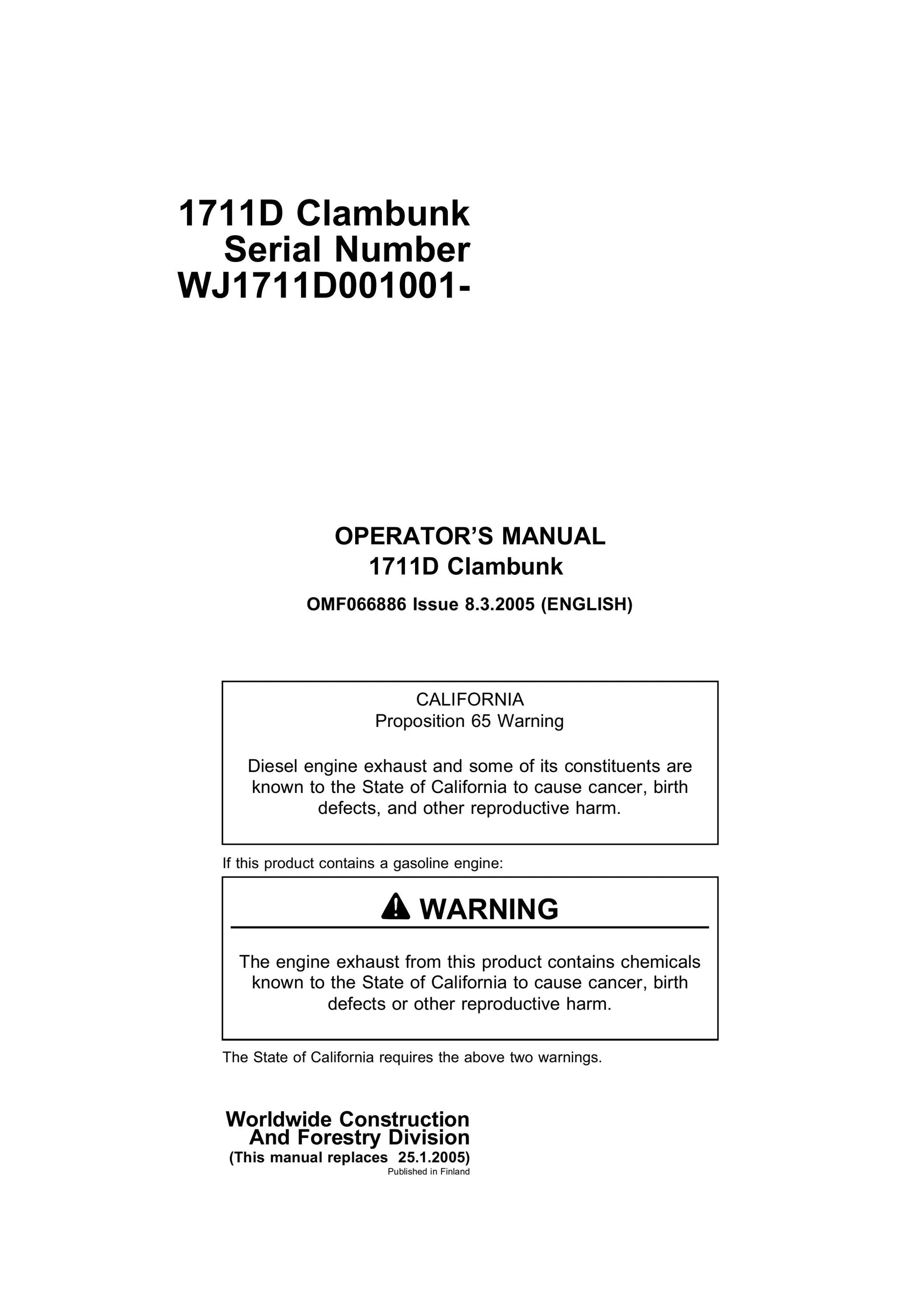 John Deere Timberjack 1711D Clambunk (SN WJ1711D001001-) Operator’s Manual OMF066886 - PDF