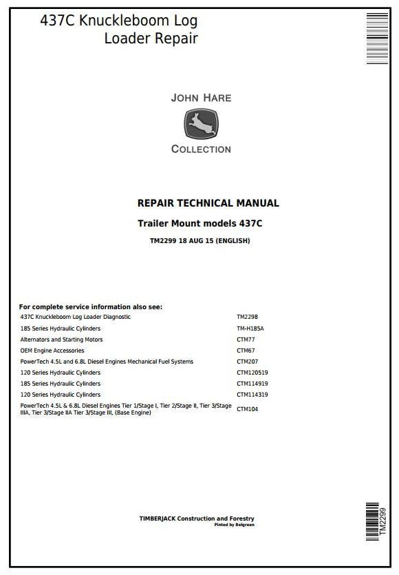 John Deere Timberjack 437C Knuckleboom Trailer Mount Log Loader Technical Service Repair Manual TM2299 - PDF