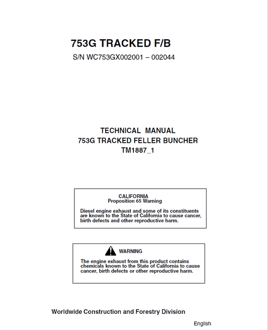 John Deere Tracked 753G F B Technical Service Repair Manual TM1887-1 - PDF