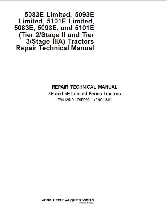 John Deere Tractor 5083E, 5093E, 5101E Technical Service Repair Manual TM112519 - PDF