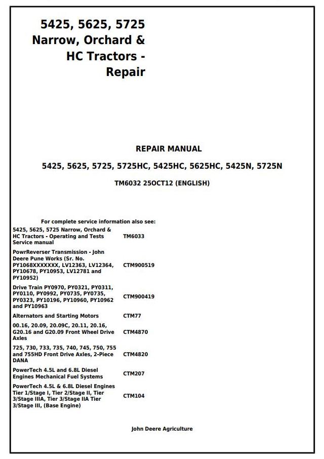 John Deere Tractor 5425, 5425HC, 5425N, 5625, 5625HC, 5725, 5725N Technical Service Repair Manual TM6032 - PDF