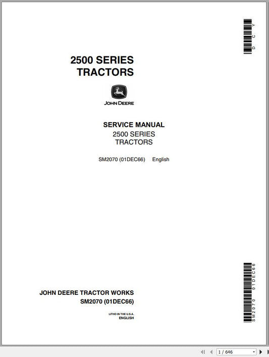 John Deere Tractors 2500 Series Service Repair Manual SM2070 - PDF