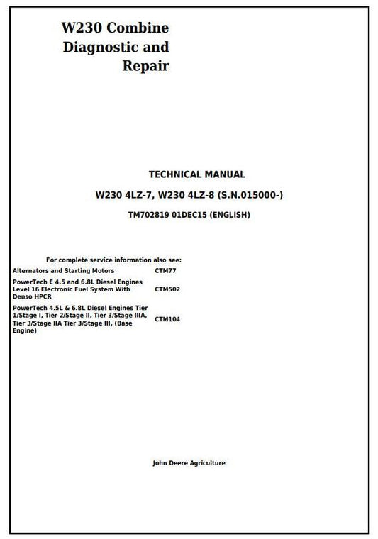 John Deere W230 (4LZ-7, 4LZ-8) Combine Diagnostic and Repair Technical Manual TM702819 - PDF