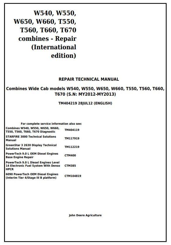 John Deere W540, W550, W650, W660, T550, T560, T660, T670 Combine Technical Service Repair Manual TM404219 - PDF