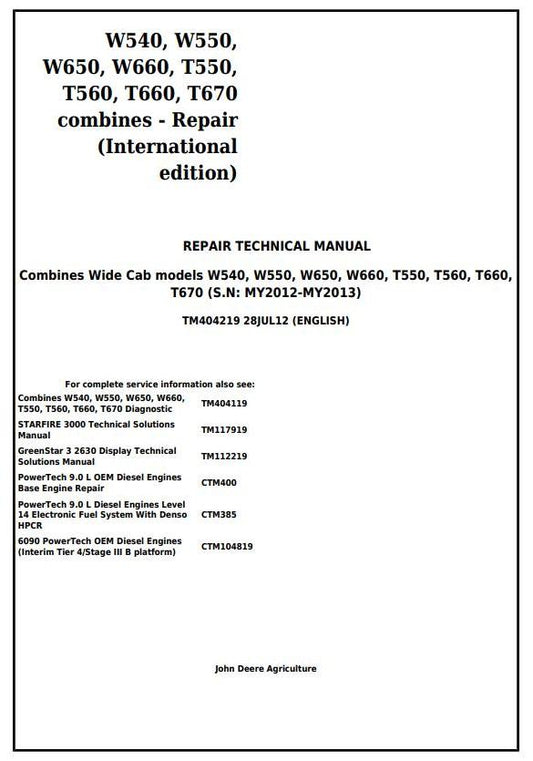 John Deere W540, W550, W650, W660, T550, T560, T660, T670 Combine Technical Service Repair Manual TM404219 - PDF