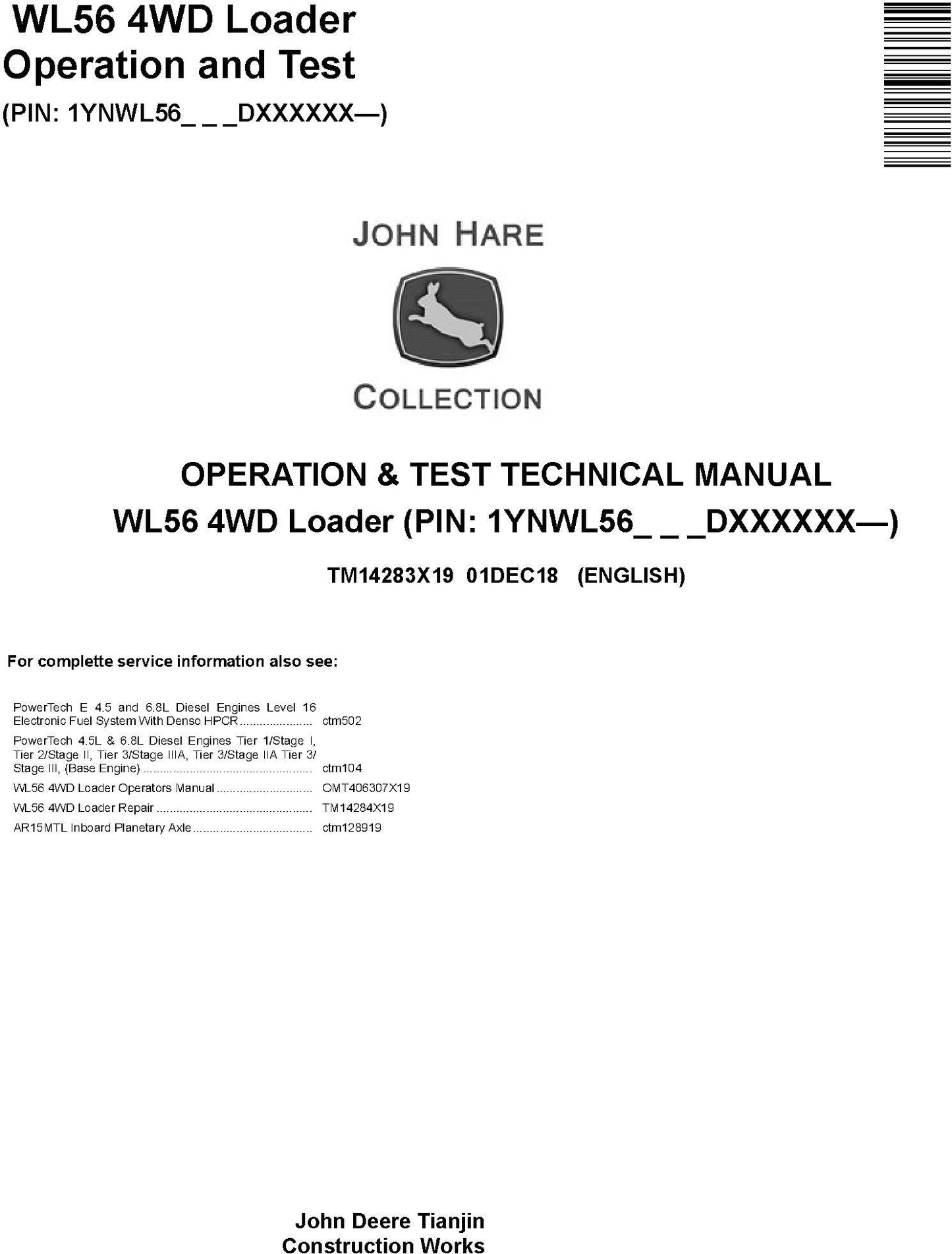 John Deere WL56 4WD Loader Operation & Diagnostic Test Technical Service Manual TM14283X19 - PDF