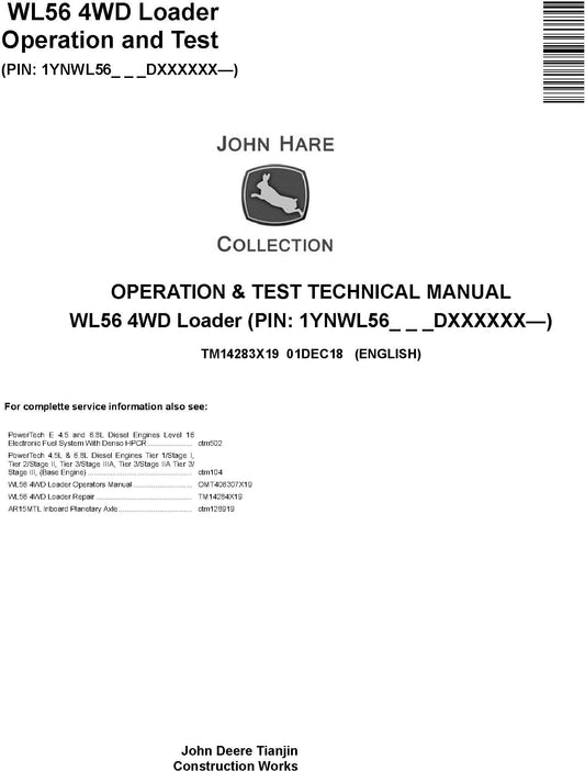 John Deere WL56 4WD Loader Operation & Diagnostic Test Technical Service Manual TM14283X19 - PDF