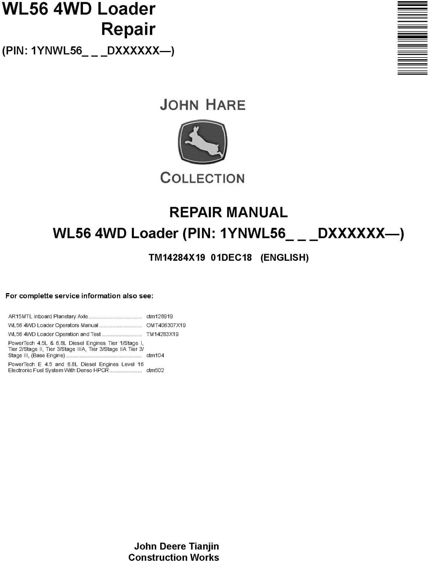 John Deere WL56 4WD Loader Technical Service Repair Manual TM14284X19 - PDF