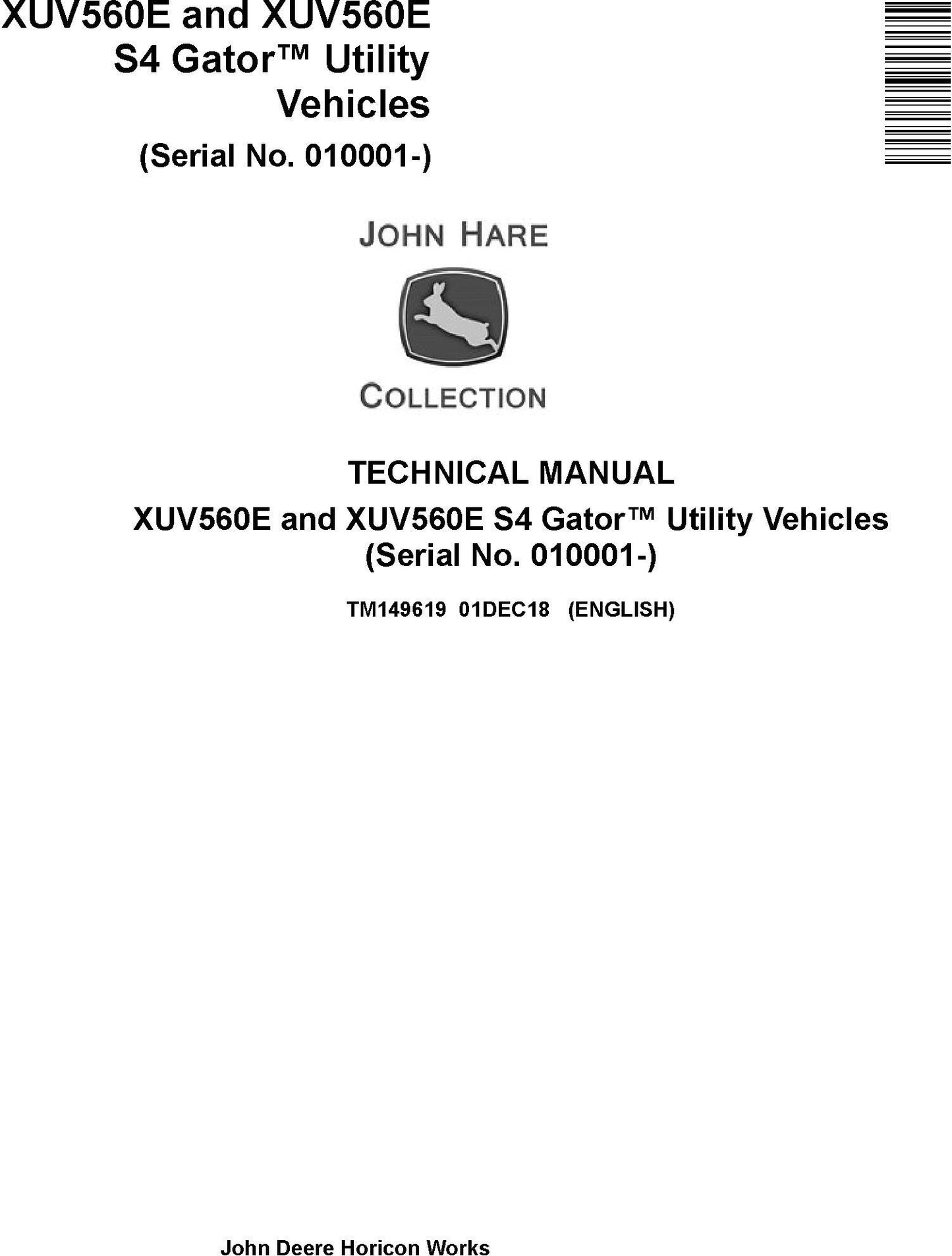 John Deere XUV560E, XUV560E S4 Gator Utility Vehicles Technical Repair Manual TM149619 - PDF