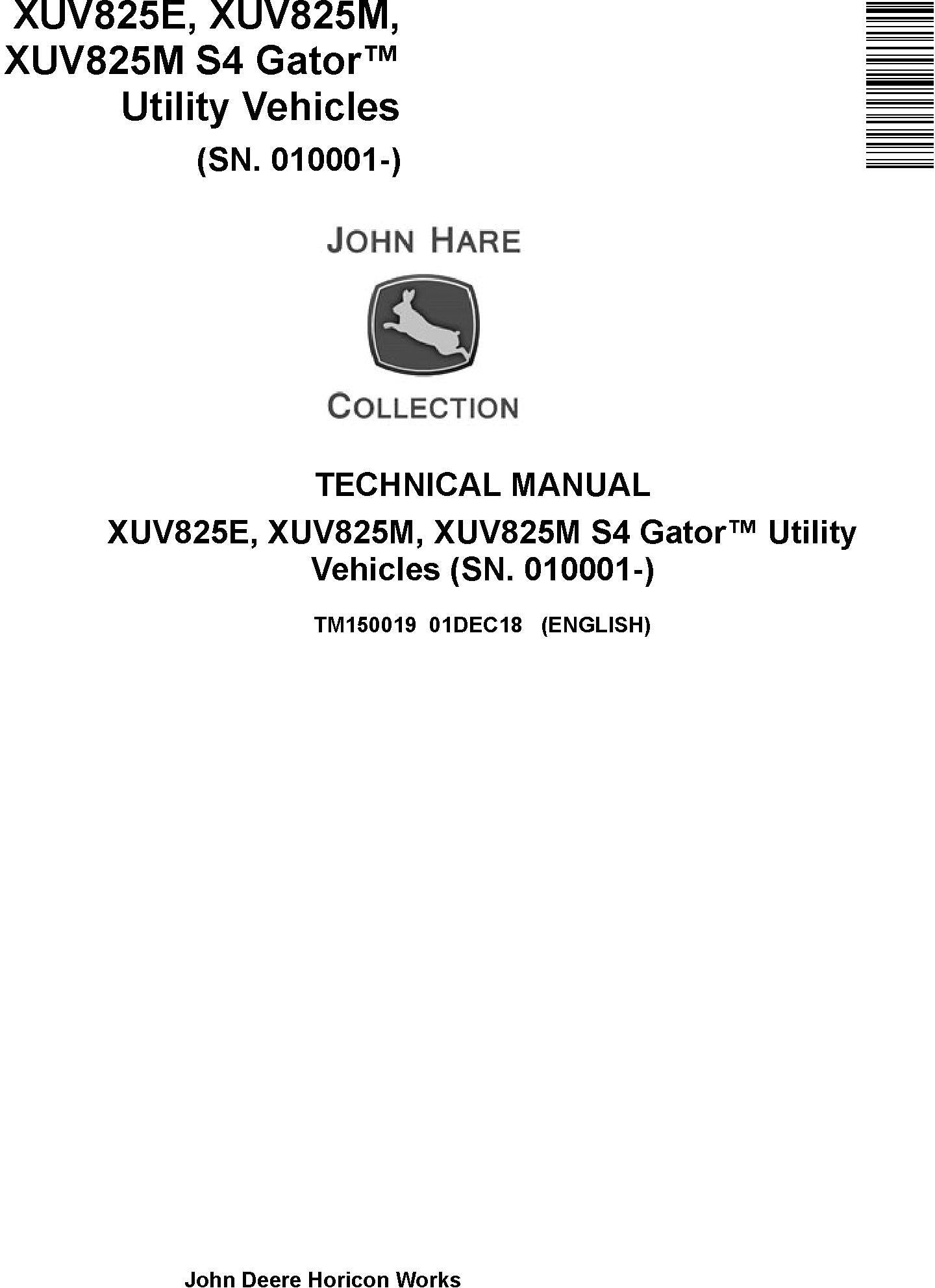 John Deere XUV825E, XUV825M, XUV825M S4 Gator Utility Vehicle Technical Service Repair Manual TM150019 - PDF