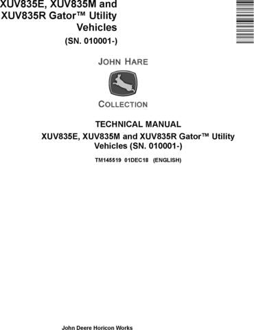 John Deere XUV835E, XUV835M, XUV835R Gator Utility Vehicle Technical Repair Manual TM145519 - PDF