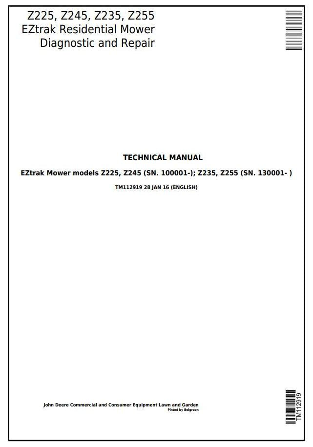 John Deere Z225, Z245, Z235, Z255 EZtrak Riding Lawn Residential Mower Operation, Maintenance & Diagnostic Test Service Manual TM112919 - PDF