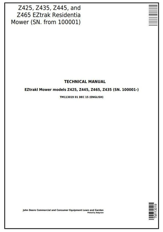 John Deere Z425, Z435, Z445, Z465 EZtrak Residential Mower Operation, Maintenance & Diagnostic Test Service Manual TM113019 - PDF