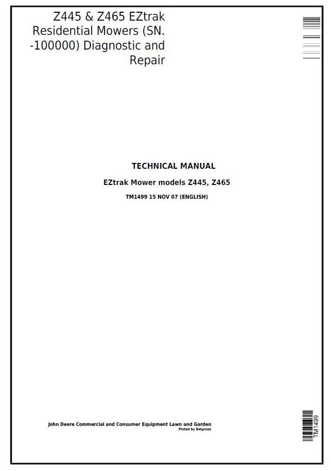 John Deere Z445, Z465 EZtrak Riding Lawn Residential Mower Operation, Maintenance & Diagnostic Test Service Manual TM1499 - PDF