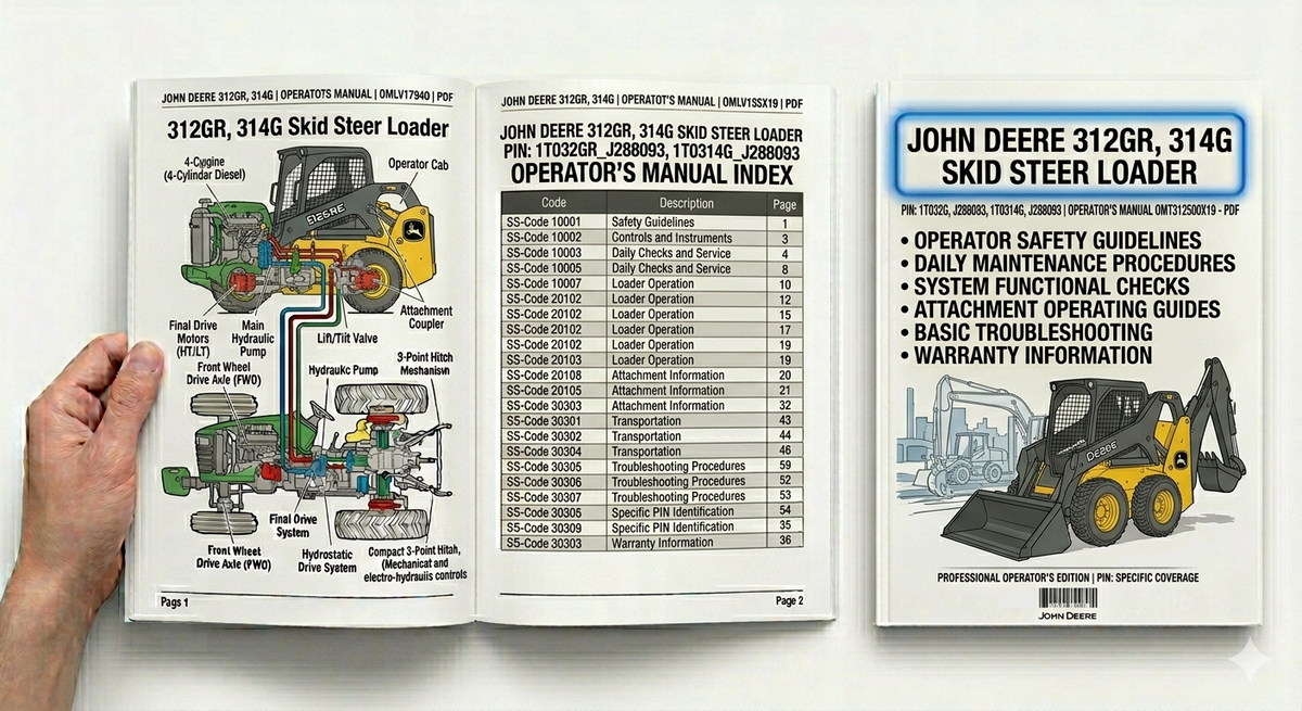John Deere 312GR and 314G Skid Steer Loader Operator's Manual OMT312500X19 PDF download with operating instructions, controls, maintenance guidelines and safety procedures.