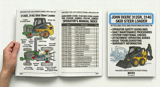 John Deere 312GR and 314G Skid Steer Loader Operator's Manual OMT312500X19 PDF download with operating instructions, controls, maintenance guidelines and safety procedures.