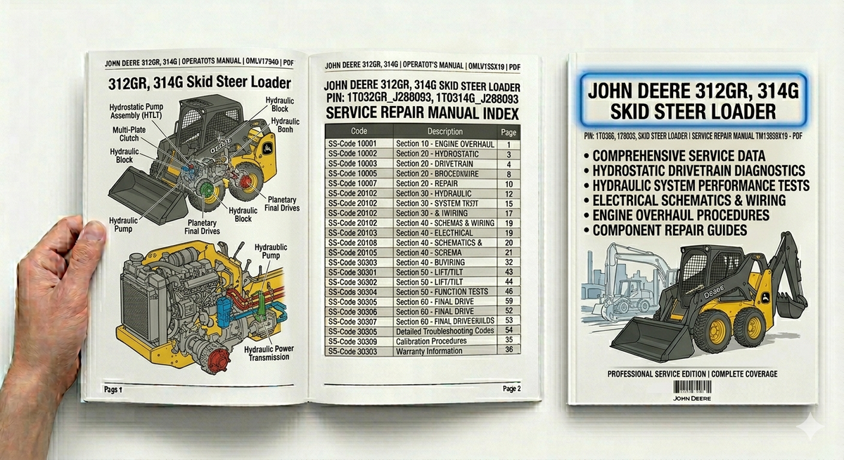John Deere 312GR and 314G Skid Steer Loader Service Repair Manual TM13859X19 PDF download with repair procedures, maintenance instructions, troubleshooting and technical service information.