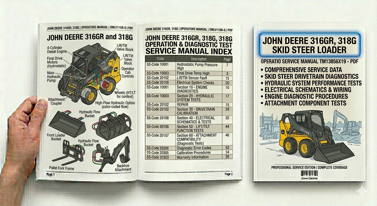 John Deere 316GR and 318G Skid Steer Loader Operation and Diagnostic Test Technical Service Manual TM13856X19 PDF download with diagnostic procedures, troubleshooting, maintenance and technical service information.