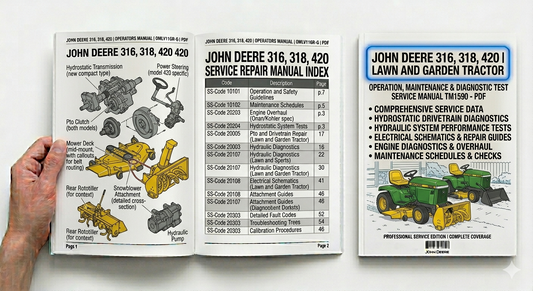 John Deere 316, 318 and 420 Lawn and Garden Tractor Operation, Maintenance and Diagnostic Test Service Manual TM1590 PDF download with troubleshooting, diagnostics, maintenance procedures and service information.