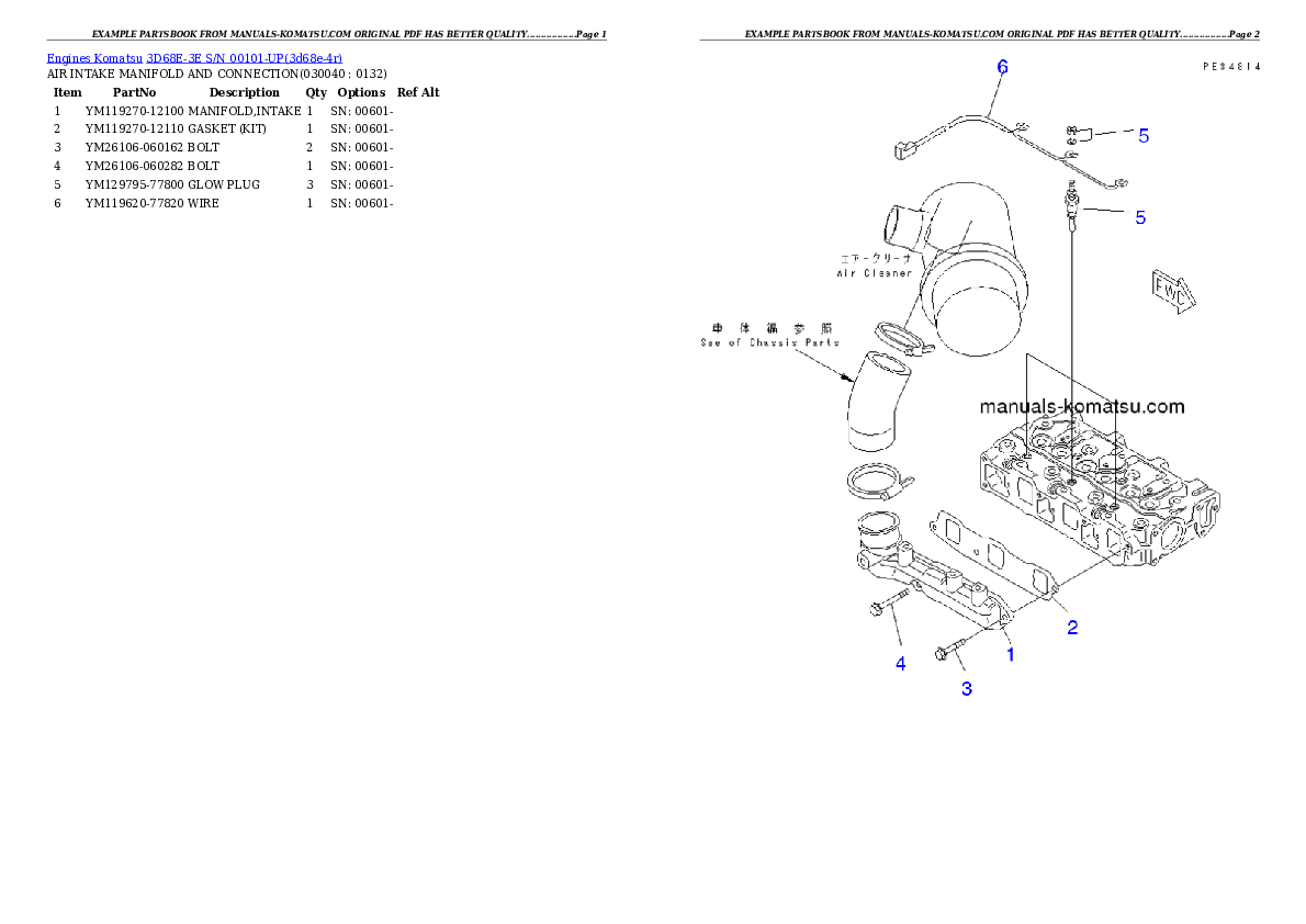 Komatsu 3D68E-3E Engine Parts Manual S/N 00101-UP - PDF