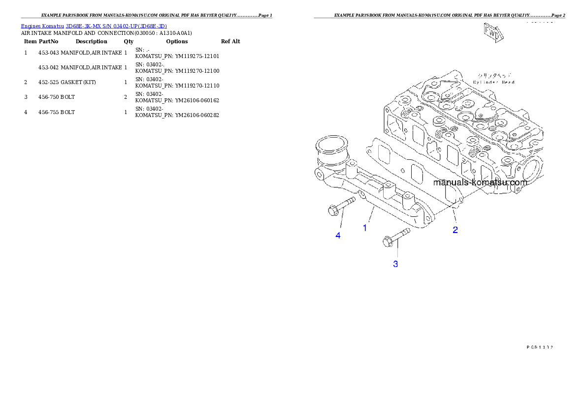 Komatsu 3D68E-3K-MX Engine Parts Manual S/N 03402-UP - PDF