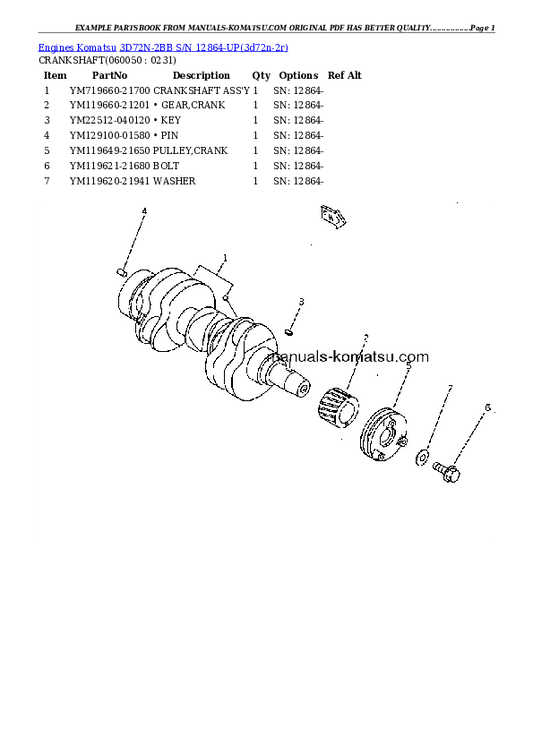 Komatsu 3D72N-2BB Engine Parts Manual S/N 12864-UP - PDF