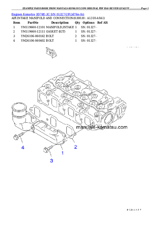 Komatsu 3D74E-3C Engine Parts Manual S/N 01327-UP - PDF