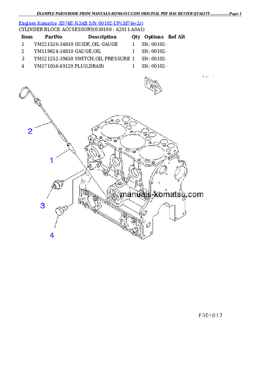 Komatsu 3D74E-N3AB Engine Parts Manual S/N 00102-UP - PDF