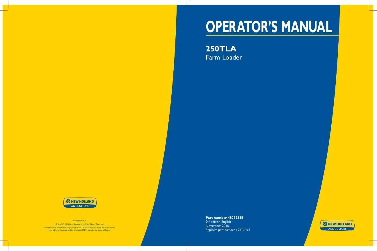 New Holland 250TLA Loader Operator's Manual 48077338, 90441905 - PDF