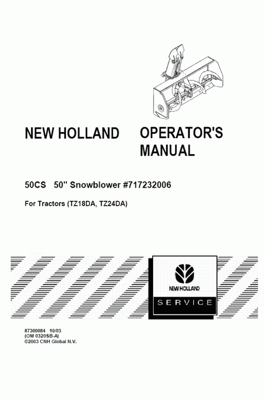 New Holland 50CS 50` Snowblower #717232006 tz18da & tz24da tractors Operator's Manual 87300084 - PDF
