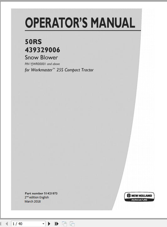 New Holland 50RS - 439329006 Snow Blower Operator's Manual 51421073 - PDF