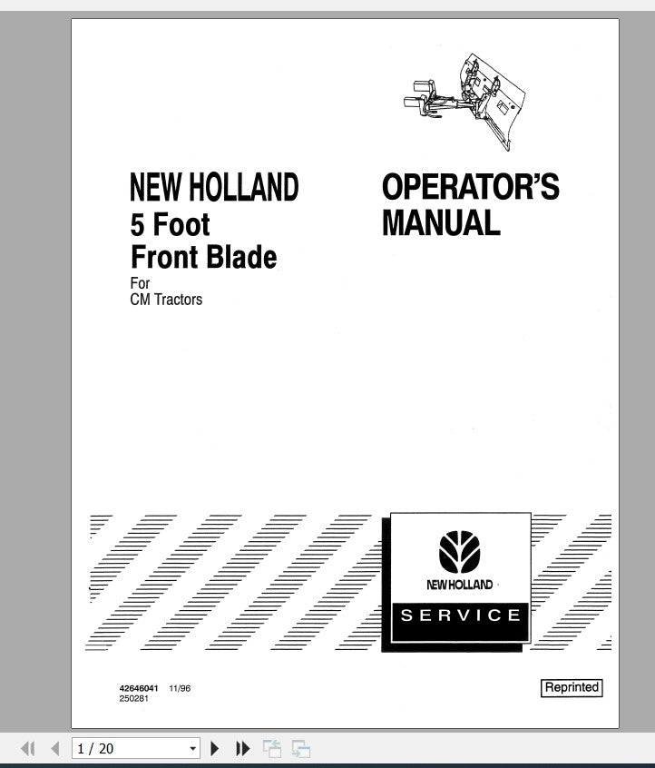 New Holland 5 Foot Front Blade CM Tractors Operator's Manual 42646041 - PDF