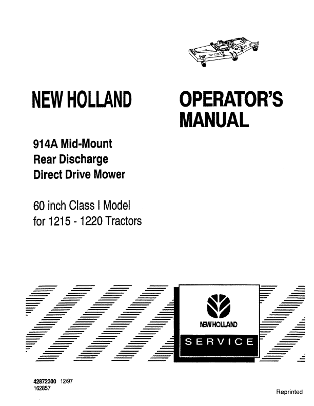 New Holland 914A Mid - Mount 60 Inch Class I Rear Discharge Direct Dirve Mower on 1215, 1220 Tractor Operator's Manual 42872300 - PDF